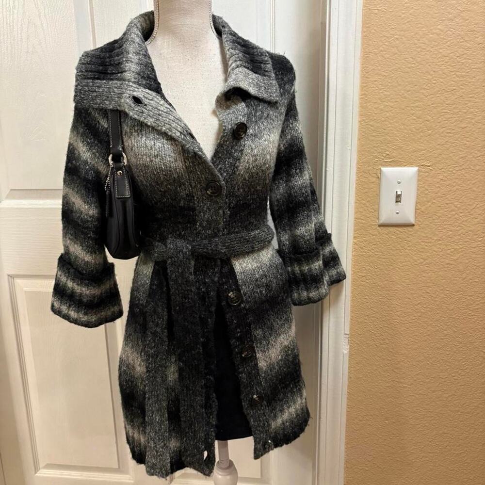 Trina Turk Gray & black striped wool blend cardigan with belt.